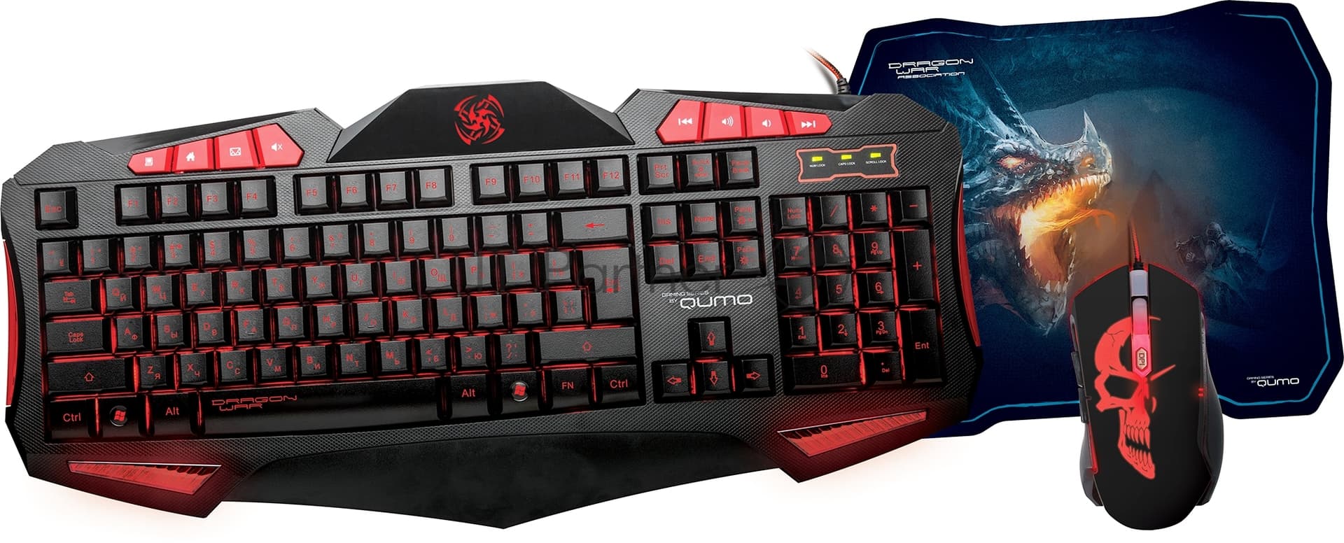 Игровой комплект Qumo Axe Strike, проводная, 104+8 клавиш, встроенные подсветки общая + кнопок 7 цветов, мышь проводная, оптическая, коврик