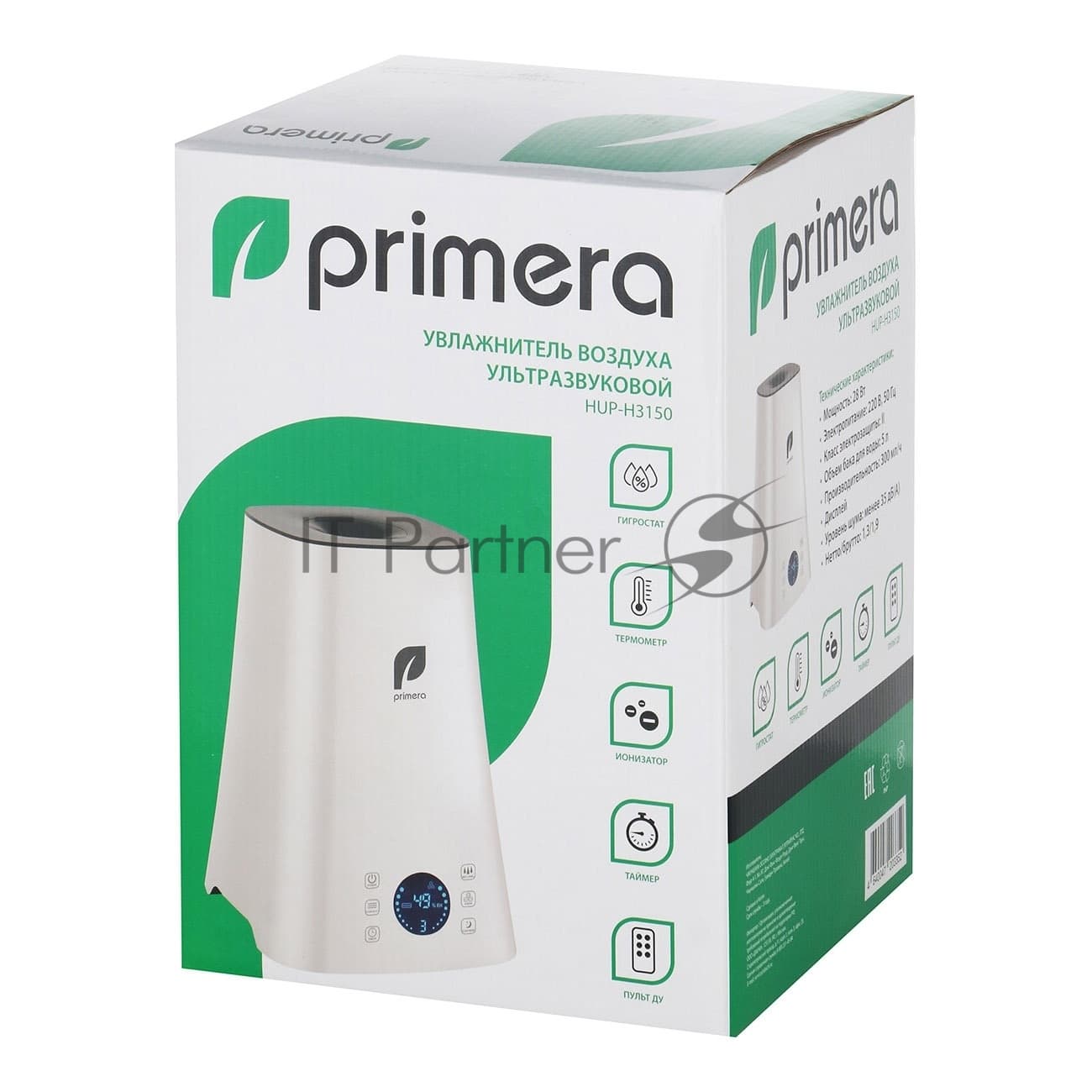 Увлажнитель воздуха Primera HUP-H3150 белый, 35 м², 5 л, ультразвуковой, производительность 300 мл/ч, гигростат, таймер, цифровой дисплей, 3 скорости, электронное управление