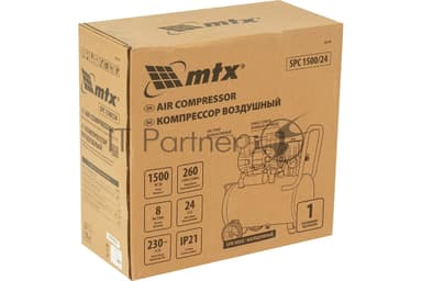 Компрессор безмасляный малошумный SPC 1500/24, 1500 Вт, ресивер 24 л, 260 л/мин MTX
