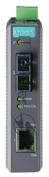 Промышленный конвертер MOXA Ethernet 10/100BaseTX в 100BaseFX (многомодовое оптоволокно, разъем ST, 1300 нм), в пластиковом корпусе, -10...+60С