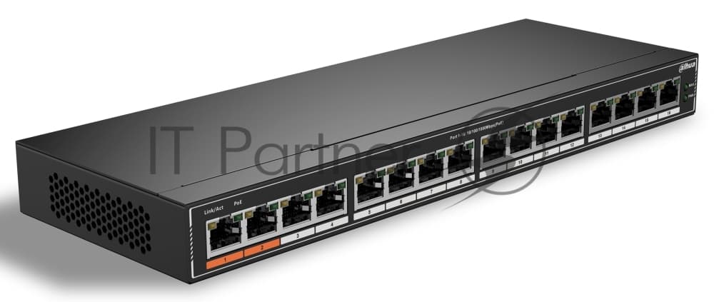 Коммутатор Dahua 16-port Gigabit RJ45 16-port PoE Switch, 190W, Metal case