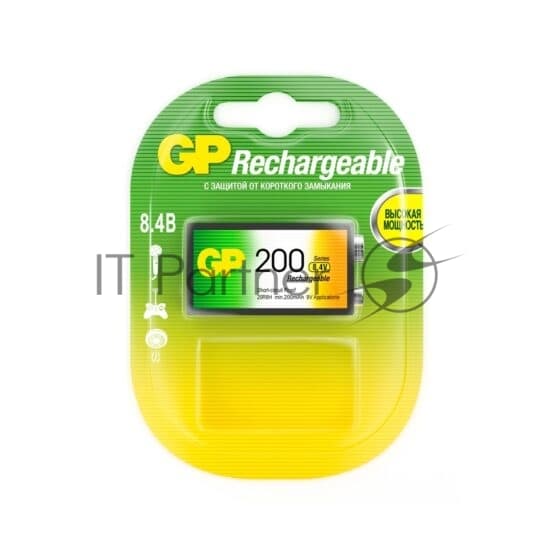 Батарейка аккумуляторная GP, Крона (20R8H, 6F22), Ni-Mh, 200 mAh, 1 шт., в блистере, 20R8H-2CRU1