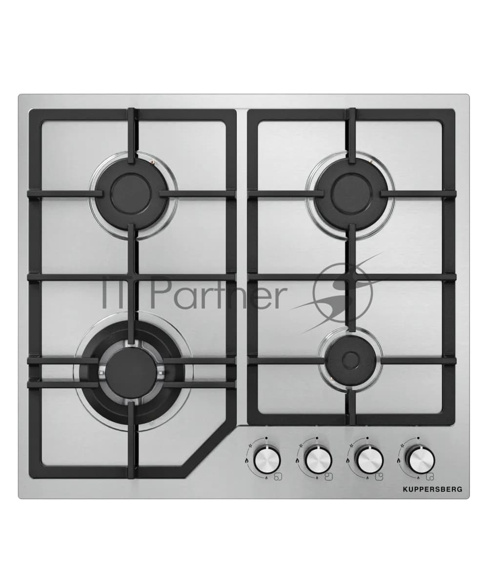Варочная поверхность Kuppersberg/ KITCHEN RETAIL / Варочная поверхность Kuppersberg, газовая, High-Tech, 61 см, автоматический электроподжиг, газ-контроль, механическое управление, конфорки REMAY, цвет нержавеющая сталь, цвет фурнитуры черный/нержавеющая сталь