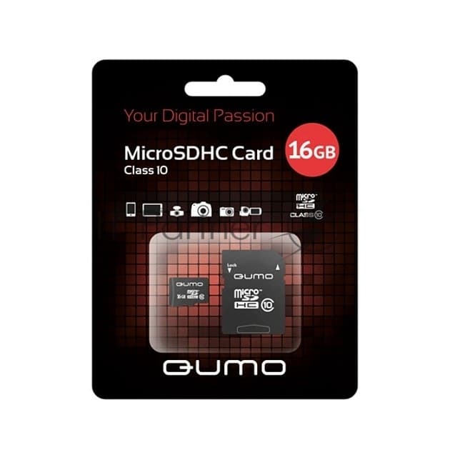 Флеш карта QUMO MicroSDHC 16Gb Сlass 10, адаптер в комплекте SD, черно-красная картонная упаковка