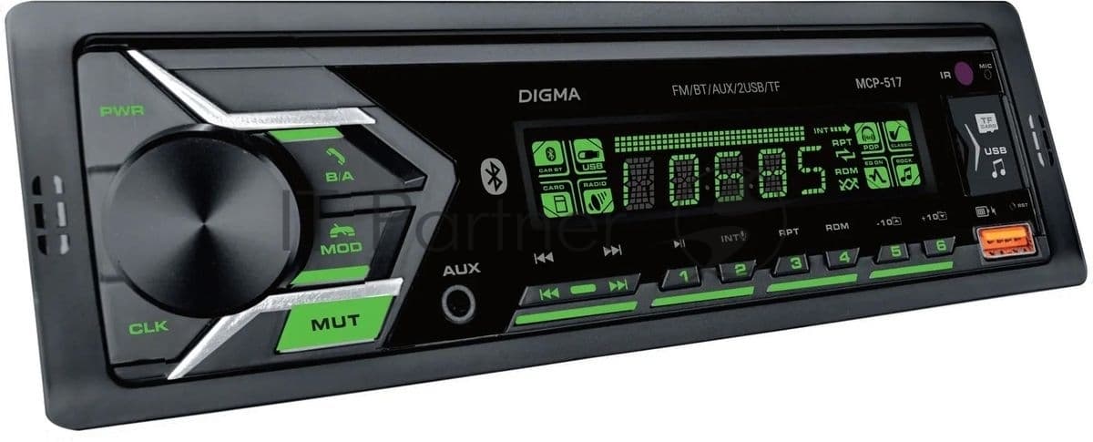 Автомагнитола Digma MCP-517, 1 DIN, Bluetooth, USB Type-A, AUX, пульт ДУ