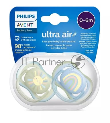 Пустышка Philips ultra air, солнышко/радуга, для мальчиков, 0-6 мес., 2 шт.