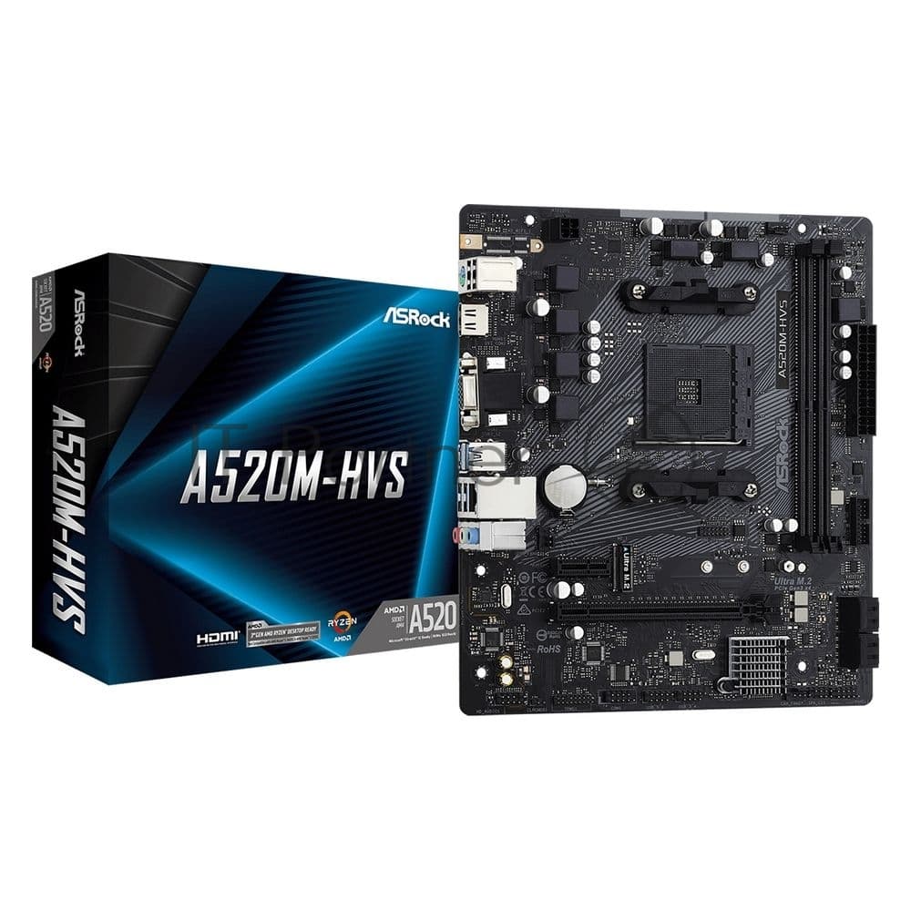 Материнская плата ASRock A520M-HVS, AM4, AMD A520, 2xDDR4, 4xSATA, 1xM.2, 1xPCIe 3.0 x16, 1xPCIe 3.0 x1, 1xHDMI, 1xVGA, 1x 1Gb LAN, 3x3.5 мм, 7.1, mATX