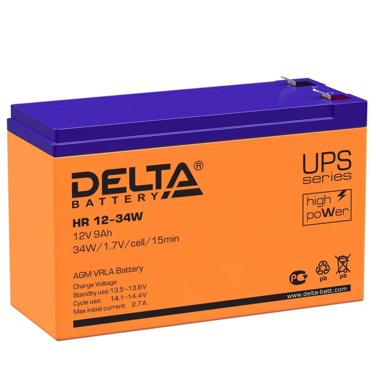 Аккумуляторная батарея Delta HR 12-34 W 12В/9Ач, клемма F2 (151х65х94мм (100мм); 2,62кг; Срок службы 8лет; Гарантия 1г)