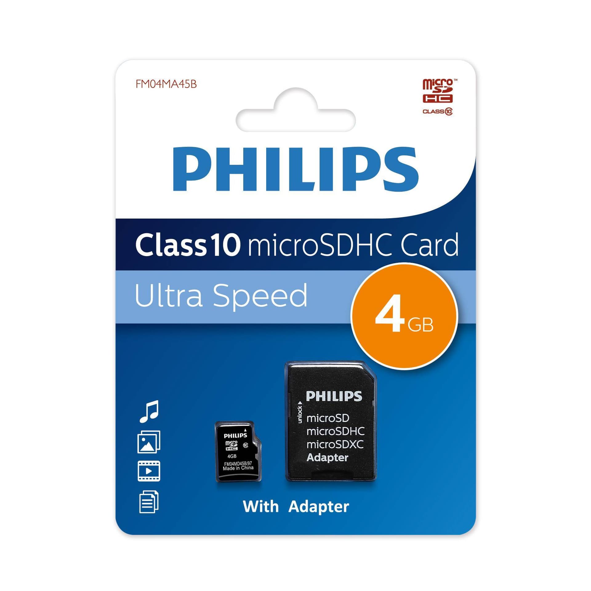 Флеш карта microSD 4Gb PHILIPS microSDHC Class 10 (SD адаптер)