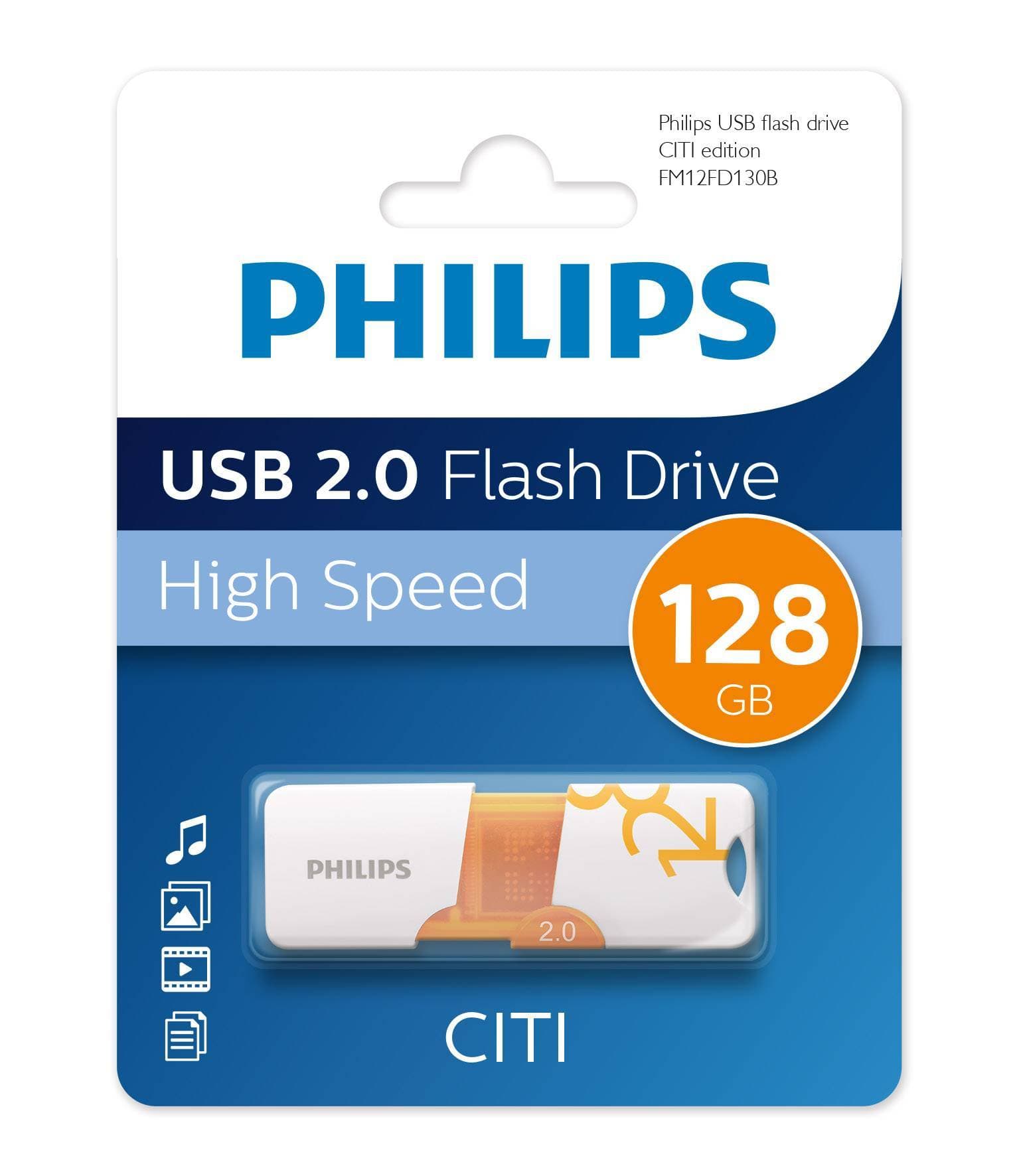 Флешка USB PHILIPS CITI2.0 (FM12FD130B/97), 128Gb, USB 2.0, R/W 10/2, белый