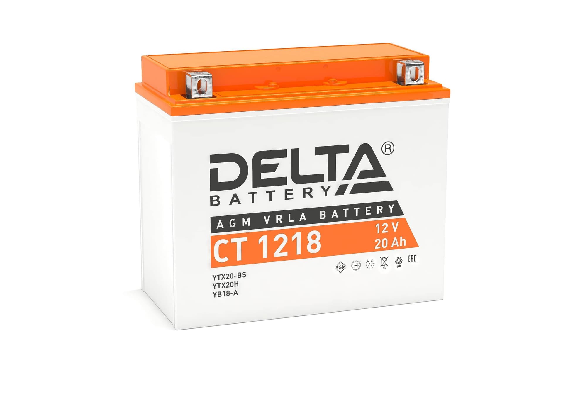 Стартерный мото аккумулятор Delta CT 1218 12В/20Ач, клемма Болт + гайка Ø 6 мм (177х88х154мм (159мм); 6,3кг; Срок службы