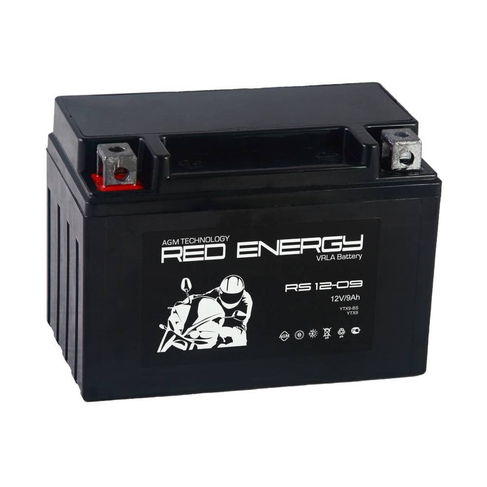 Стартерный мото аккумулятор (RED ENERGY) RS 1209 12В/9Ач, клемма Болт + гайка Ø 6 мм (150х86х107мм (112мм);