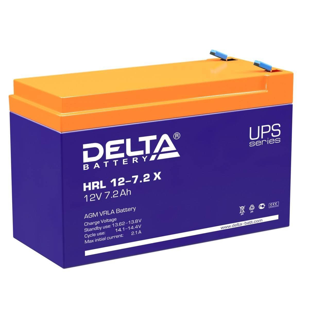 Аккумуляторная батарея Delta HRL 12-7.2 X 12В/7,2Ач, клемма F2 (151х65х94мм (100мм); 2,6кг; Срок службы 12лет; Гарантия