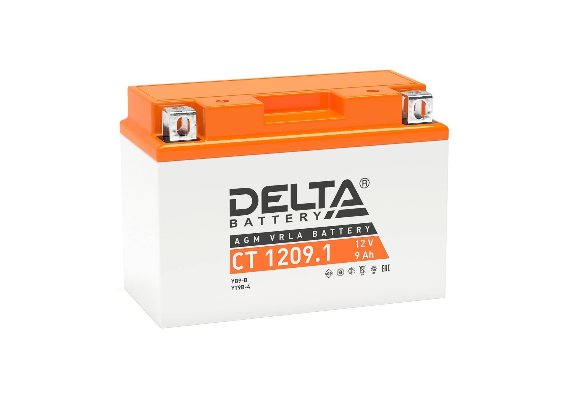 Стартерный мото аккумулятор Delta CT 1209.1 12В/9Ач, клемма Болт + гайка Ø 6 мм (151х71х107мм (112мм); 2,65кг; Срок служ