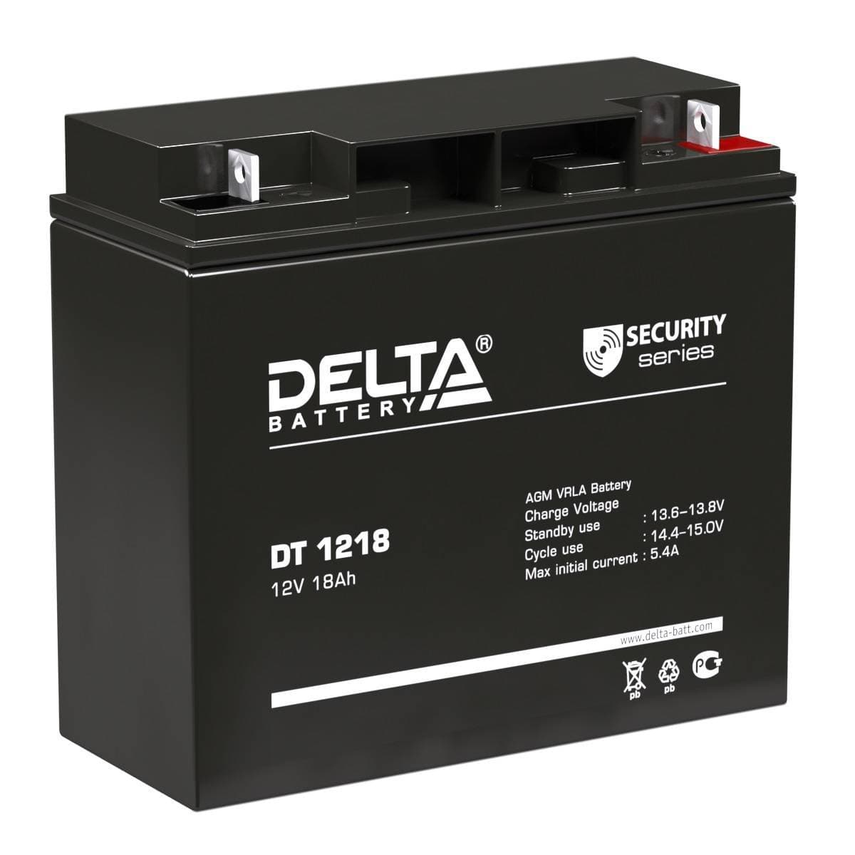 Аккумуляторная батарея Delta DT 1218 12В/18Ач, клемма Болт + гайка Ø 5,5 мм (181х77х160мм (167мм); 5,2кг; Срок службы 5л