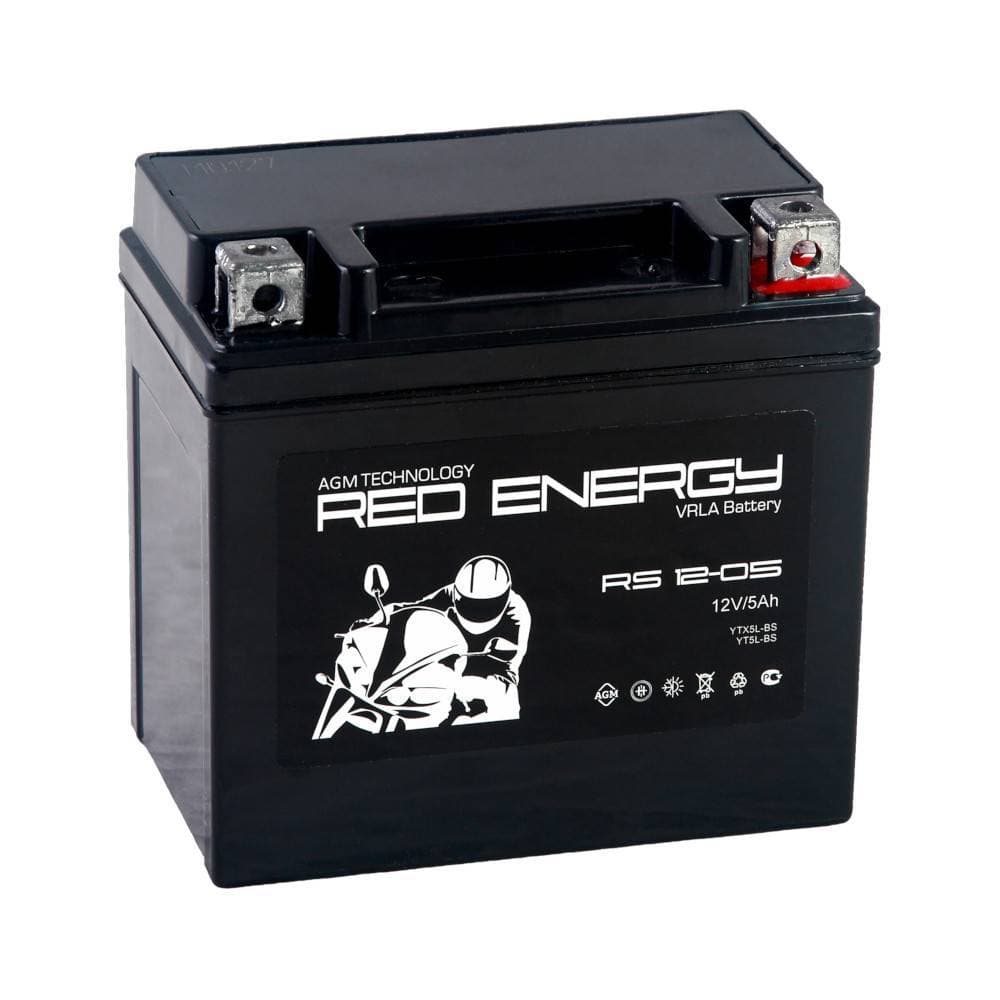 Стартерный мото аккумулятор (RED ENERGY) RS 1205 12В/5Ач, клемма Болт + гайка Ø 5 мм (114х70х106мм (111мм);