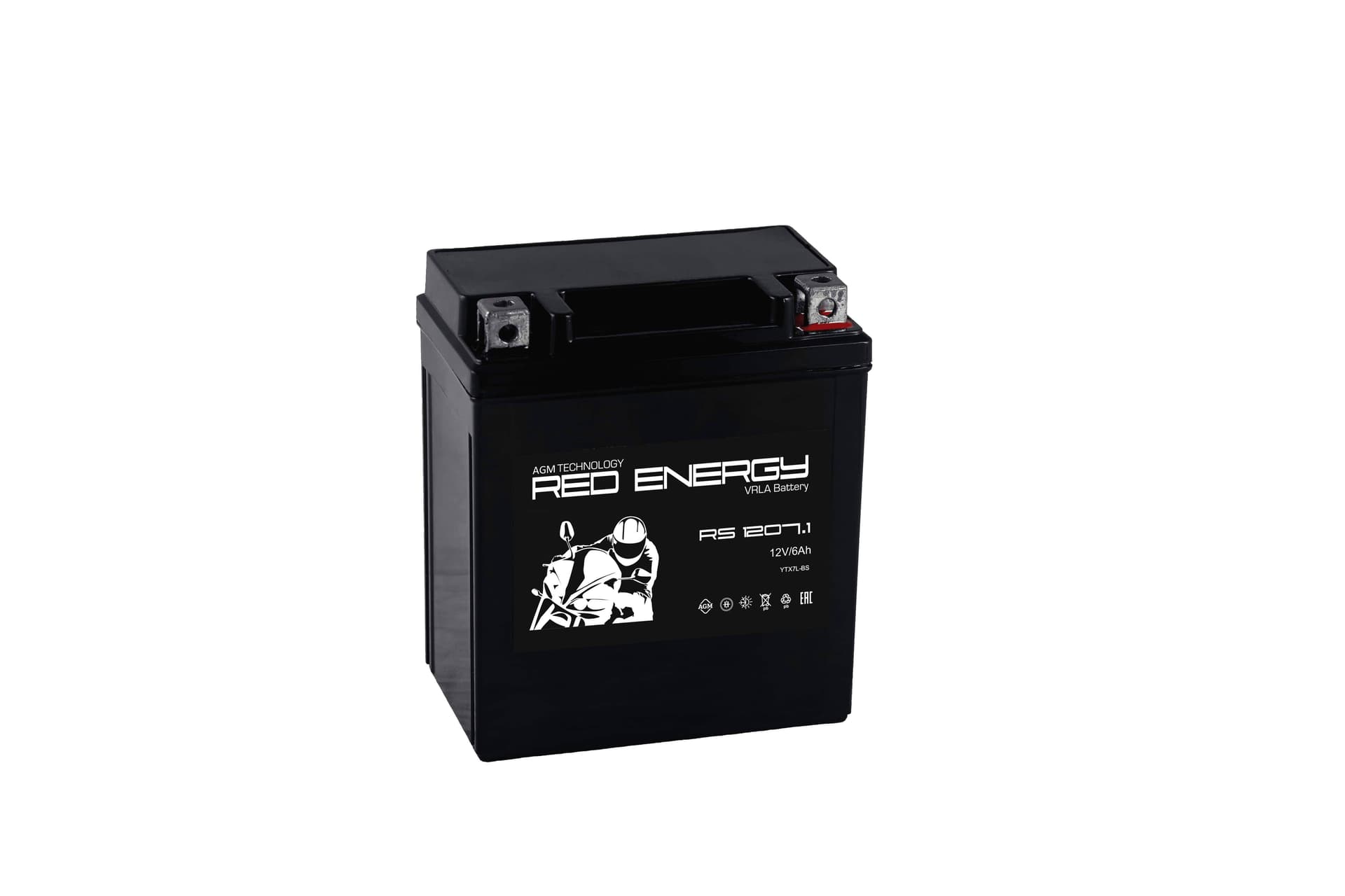 Стартерный мото аккумулятор (RED ENERGY) RS 1207.1 12В/7Ач, клемма Болт + гайка Ø 6 мм (114х71х131мм (136мм