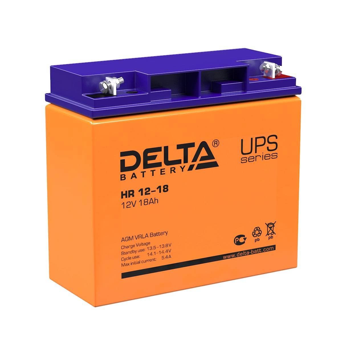 Аккумуляторная батарея Delta HR 12-18 12В/18Ач, клемма Болт + гайка Ø 5,5 мм (181х77х167мм (167мм); 6,1кг; Срок службы 8