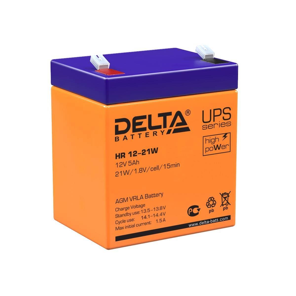 Аккумуляторная батарея Delta HR 12-21 W 12В/5Ач, клемма F2 (90х70х101мм (107мм); 1,8кг; Срок службы 8лет; Гарантия 1г)
