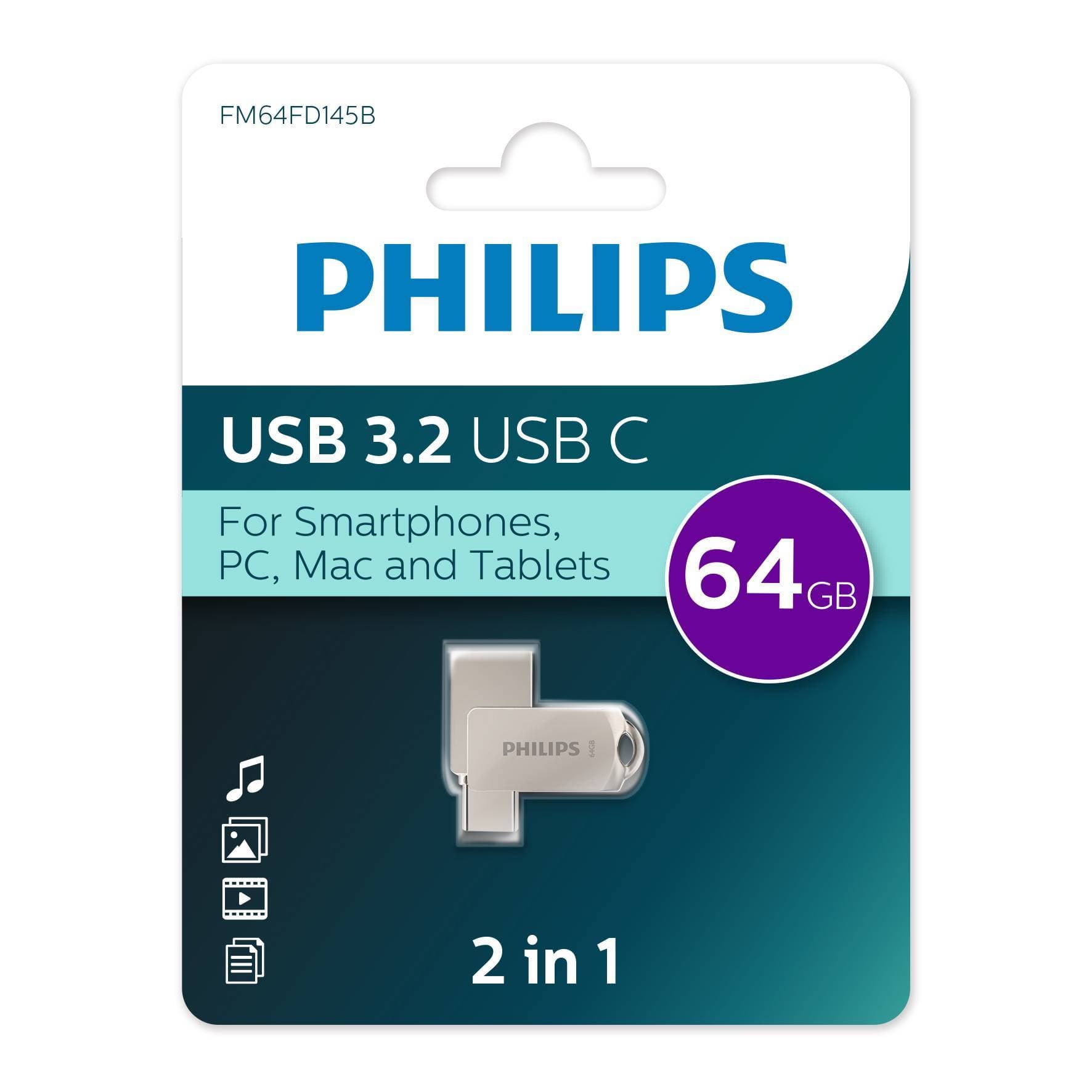 Флешка USB 64Gb PHILIPS 2-in-1 USB 3.2 USB C, OTG, USB 3.2/Type-C, Металл, 100 Mb/s