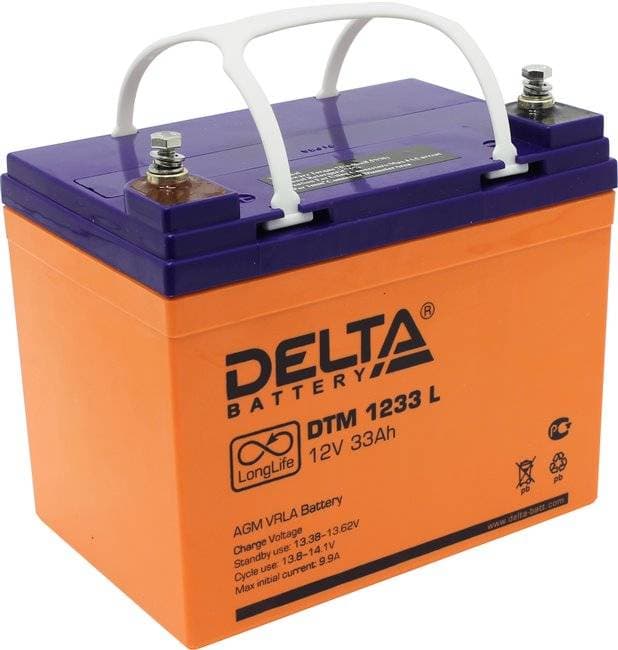 Аккумуляторная батарея Delta DTM 1233 L 12В/33Ач, клемма Болт М6 (195х130х155мм (168мм); 10,1кг; Срок службы 10-12лет; Г