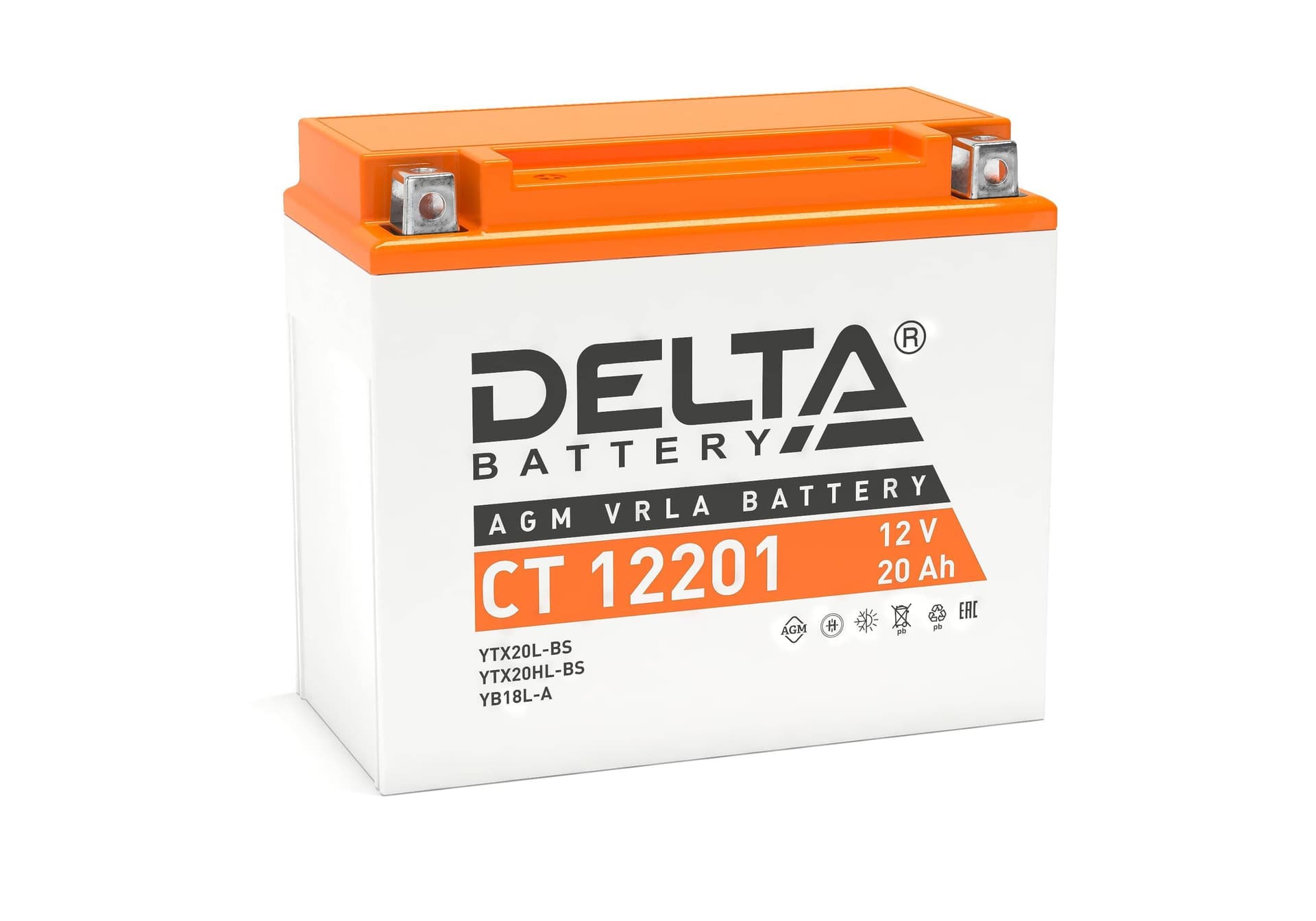 Стартерный мото аккумулятор Delta CT 12201 12В/20Ач, клемма Болт + гайка Ø 6 мм (177х88х154мм (159мм); 5,5кг; Срок служб