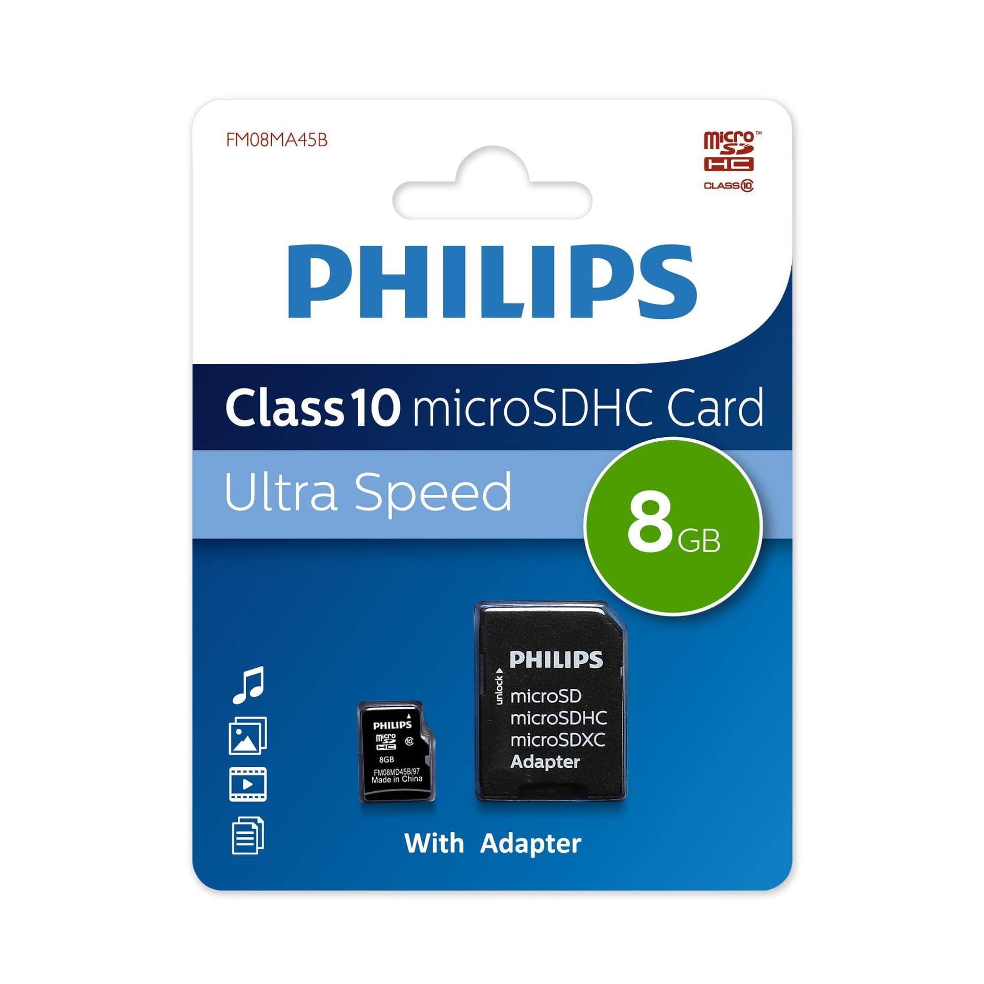 Philips Карта памяти microSDHC 8GB Class 10 FM08MA45B/97 (SD адаптер)