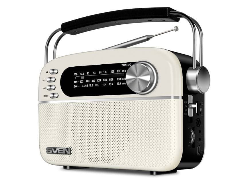 SVEN SRP-505, белый (3 Вт,Bluetooth, FM/AM/SW, USB, microSD, AUX, встроенный аккумулятор)