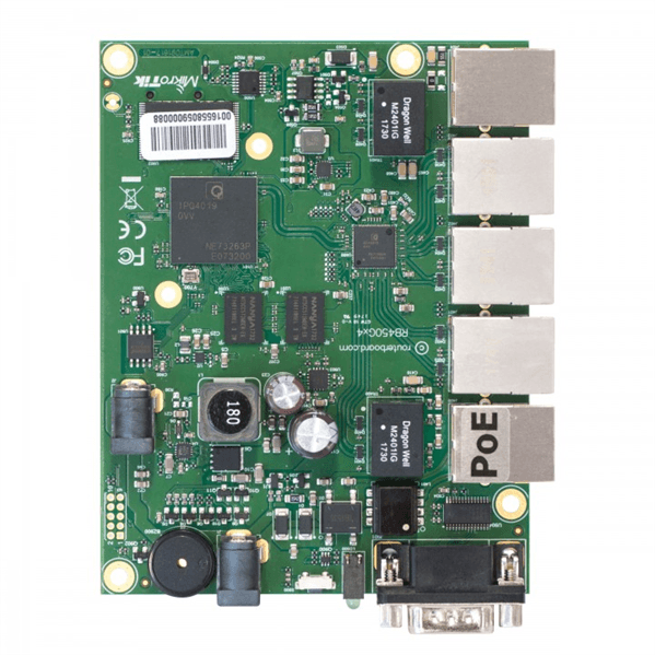 Маршрутизатор MikroTik RouterBOARD 450Gx4 with four core 716MHz Atheros CPU, 1 GB RAM, 5 Gigabit LAN ports, PoE OUT on port #5, RouterOS L5