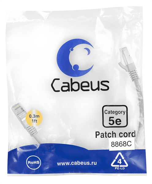 Шнур комм. Cabeus, кат. 5е, экр., F/UTP, RJ45/RJ45, LSZH, AWG24, 0.3м, серый