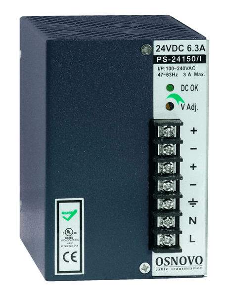 Блок питания/ OSNOVO Промышленный блок питания. DC24V, 6,3A (150W). Диапазон входных напряжений: AC195-265V
