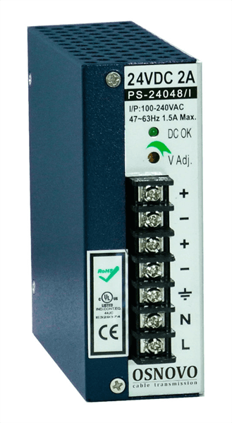 Промышленный блок питания OSNOVO PS-24048/I Промышленный блок питания. DC24V, 2A (48W). Диапазон входных напряжений: AC195-265V. КПД: 82%. Регулировка выходного напряжения в диапазоне 22-26V. Защита от короткого замыкания, пер