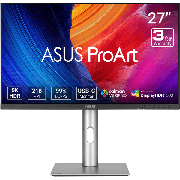 Монитор 27" ASUS ProArt PA27JCV IPS 5120x2880, 60 Гц, 4 мс, 16:9, 400 кд/м², HDMI 2.1, USB-C (96 Вт), USB Hub (3x USB 3.2, 1x USB-C), HDR10, DisplayHDR 500, динамики (2x2 Вт), черный