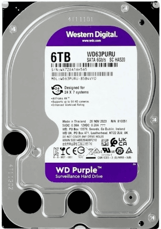 Жесткий диск Western Digital Purple HDD 3.5" SATA 6Tb, 5400 rpm, 256MB buffer, PMR, WD63PURU, 1 year