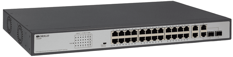 Коммутатор ORIGO Неуправляемый PoE-коммутатор, 26x1000Base-T (24x1000Base-T PoE), 2xCombo 1000Base-T/SFP, PoE-бюджет 370 Вт, PoE до 250 м, комплект для установки в 19" стойку