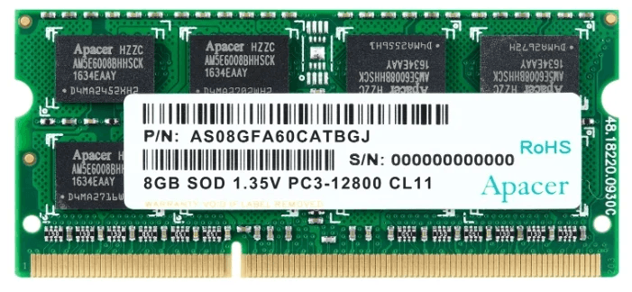 Оперативная память Apacer DDR3 8GB 1600MHz SO-DIMM (PC3-12800) CL11 1.5V(Retail) 512*8 3 years (AS08GFA60CATBGC/DS.08G2K.KAM)