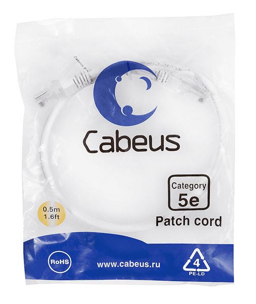 Кабель патч-корд U/UTP 5e кат. 0,5м. Cabeus PC-UTP-RJ45-Cat.5e-0.5m-WH-LSZH неэкранированный, белый