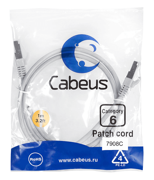 Шнур коммутационный Cabeus, cat.6, экр., F/UTP, RJ45/RJ45, LSZH, AWG24, 1м, серый