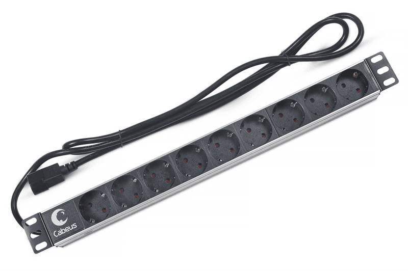 Блок евророзеток для 19" шкафов, Cabeus PDU-9P-2IEC горизонтальный, 9 розеток, 10 A, без выключателя, алюминиевый корпус, шнур 2 м, вилка IEC 320 C14