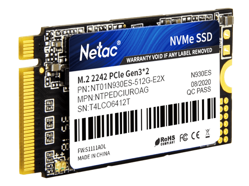 SSD накопитель Netac SSD N930ES 512GB PCIe 3 x2 M.2 2242 NVMe 3D NAND, R/W up to 1650/1500MB/s, IOPS(R4K) 180K/200K, TBW 300TB, 3y wty