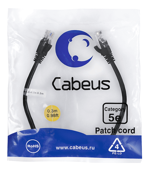 Патч-корд Cabeus PC-UTP-RJ45-Cat.5e-0.3m-BK-LSZH Патч-корд U/UTP, категория 5е, 2xRJ45/8p8c, неэкранированный, черный, LSZH, 0.3м