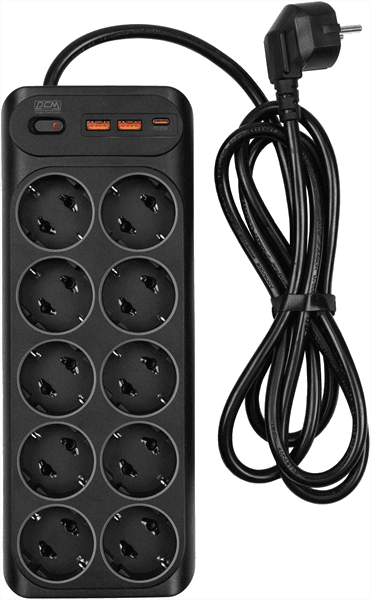 Сетевой фильтр Powercom сетевой фильтр, 3 метра, 10 розеток, USB-Ax2, USB Type-C, 16А/4кВт, cечение провода: 1,5мм2, цвет черный, 1 год гарантии