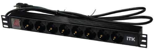 Панель питания распределительная ITK PDU 8 роз. нем.ст. с выкл 1U каб.2м вилка нем.ст ПВХ чер