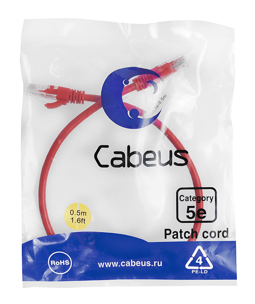 Шнур коммутационный Cabeus, Cat.5e, неэкр., U/UTP, RJ45/RJ45, PVC, AWG24, 0.5м, красный