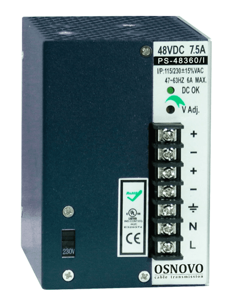 Блок питания/ OSNOVO Промышленный блок питания. DC48V, 7,5A (360W). Диапазон входных напряжений: AC195-265V.
