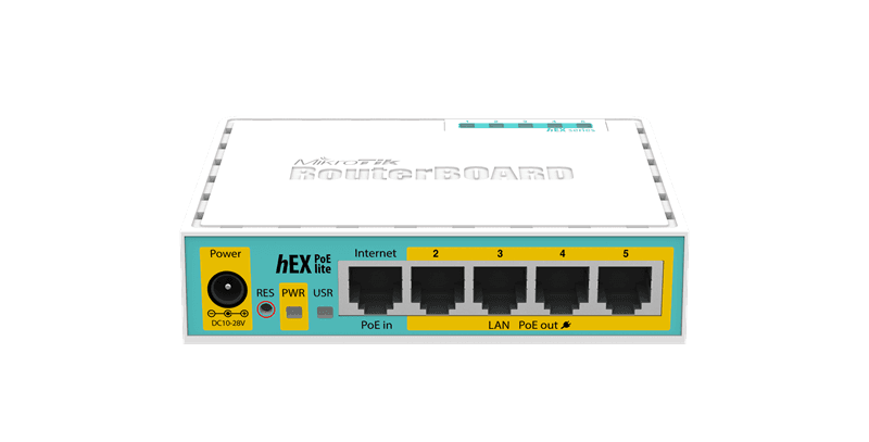 Маршрутизатор MikroTik hEX PoE lite with 650MHz CPU, 64MB RAM, 5xLAN (four with PoE out), USB, RouterOS L4, plastic case and PSU (незначительное повреждение коробки)