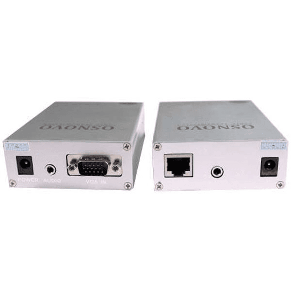 Передача VGA+аудио по кабелю витой пары OSNOVO TA-V/3+RA-V/3 Комплект (передатчик+приёмник) для передачи VGA и аудиосигнала по кабелю UTP CAT5 до 200м. Разрешение до 1920х1440. Мет. корпус. В комплекте: БП DC9V(1A) - 2шт. Размеры передатчик