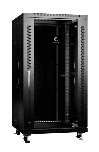 Шкаф телекоммуникационный напольный Cabeus, IP20, 22U, 1166х600х800 мм (ВхШхГ), дверь: стекло, боковая панель: сплошная, разборный, цвет: чёрный