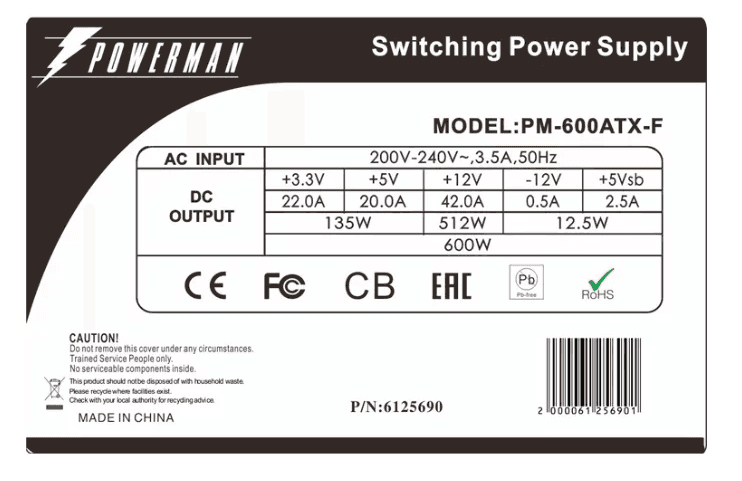 Блок питания Powerman Power Supply 600W PM-600ATX-F Black (12cm fan)