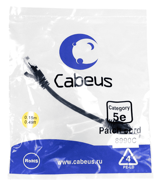 Патч-корд U/UTP, категория 5е, 2xRJ45/8p8c, неэк., черный, LSZH, 0.15м Cabeus PC-UTP-RJ45-Cat.5e-0.15m-BK-LSZH Патч-корд U/UTP, категория 5е, 2xRJ45/8p8c, неэкранированный, черный, LSZH, 0.15м